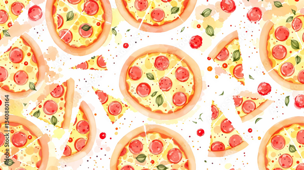 Seamless watercolor pattern featuring isolated pizza slices on a clean white background ideal for fast food and Italian cuisine designs