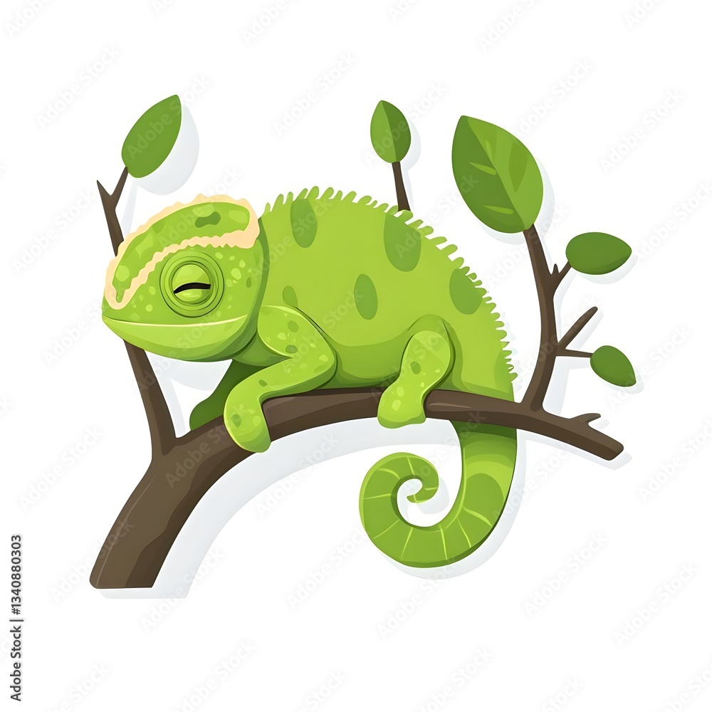 Fototapeta premium Chameleon on Branch: A charming chameleon, with its vibrant green skin, rests peacefully on a tree branch, surrounded by lush leaves, depicting a serene moment in the wild.