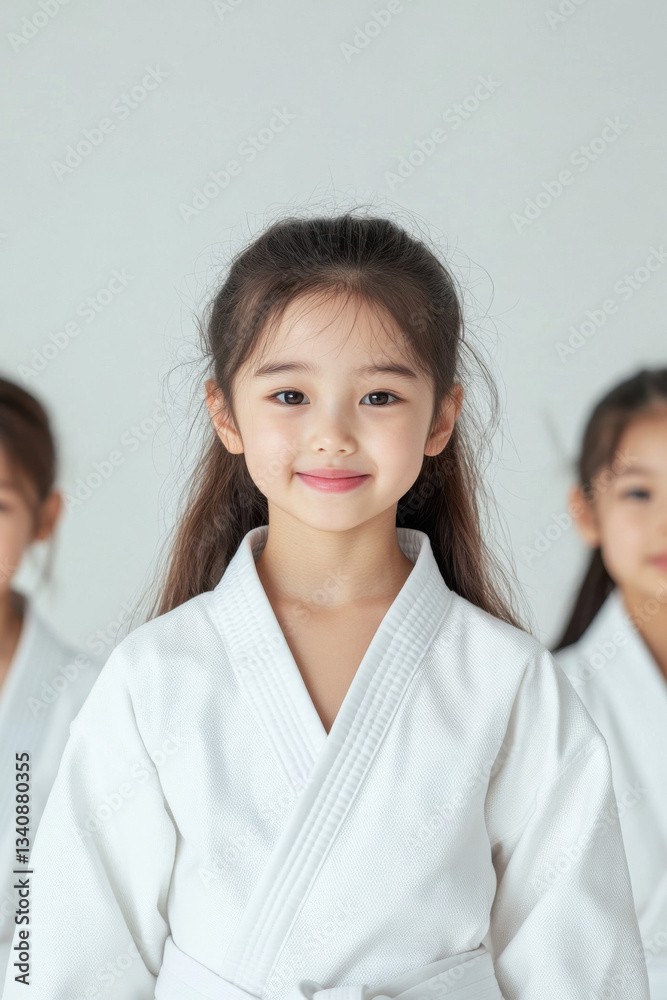 Portrait of smiling asian girl wearing martial arts uniform with other children in background Portrait of smiling asian girl wearing martial arts uniform with other children in background