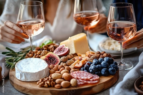 Celebration with glasses of rose wine and a charcuterie board on a cozy modern dining table photo