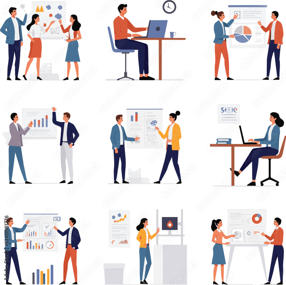 Create a Basic office concept illustrations. Set of people vector illustrations in various activities of business planning and strategy, management, marketing,