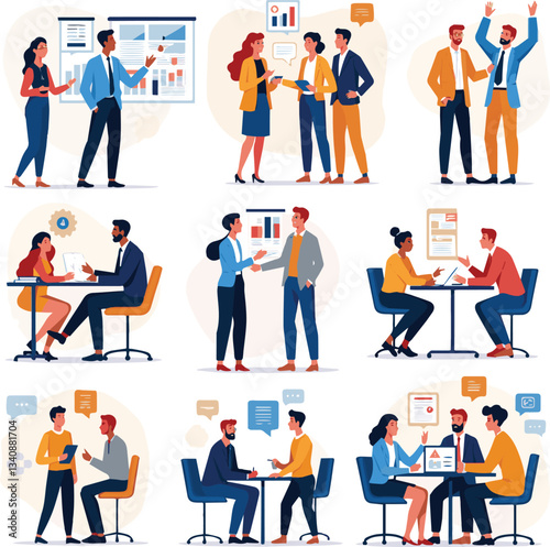 Create a Basic office concept illustrations. Set of people vector illustrations in various activities of business planning and strategy, management, marketing,