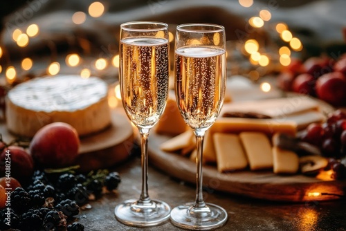 Celebration with Sparkling Wine and Festive Spread of Cheese and Fruits for New Year or Christmas Eve