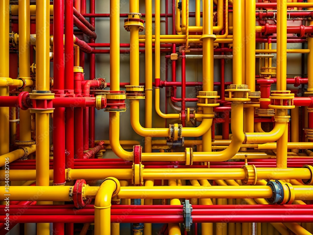 Vibrant Yellow and Red Industrial Pipe System - High-Resolution Stock Photo Vibrant Yellow and Red Industrial Pipe System - High-Resolution Stock Photo