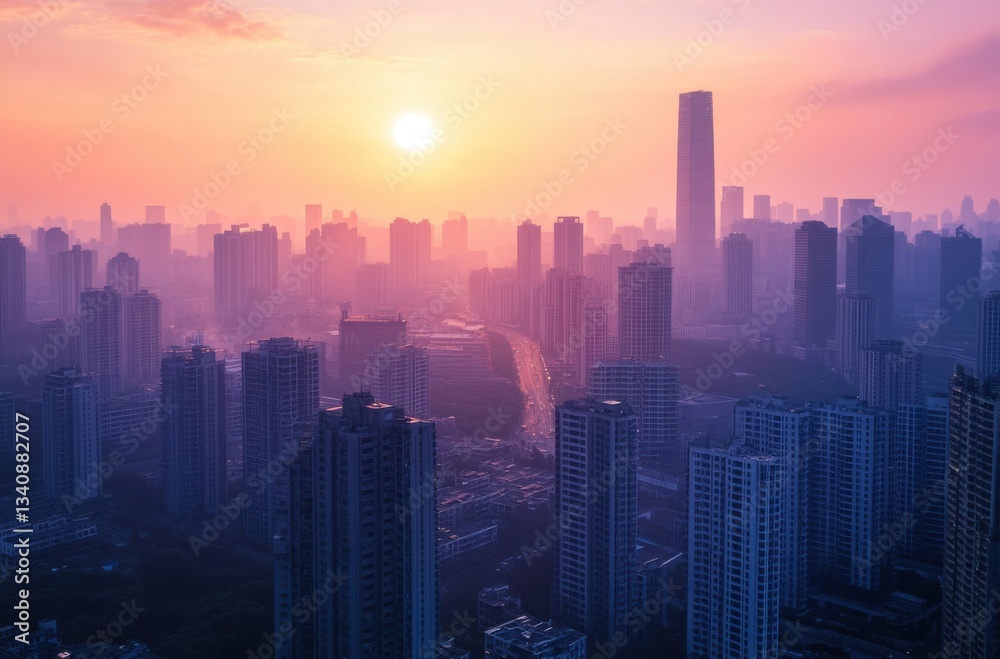 Fototapeta premium Dawn breaks over a bustling Chinese metropolis,