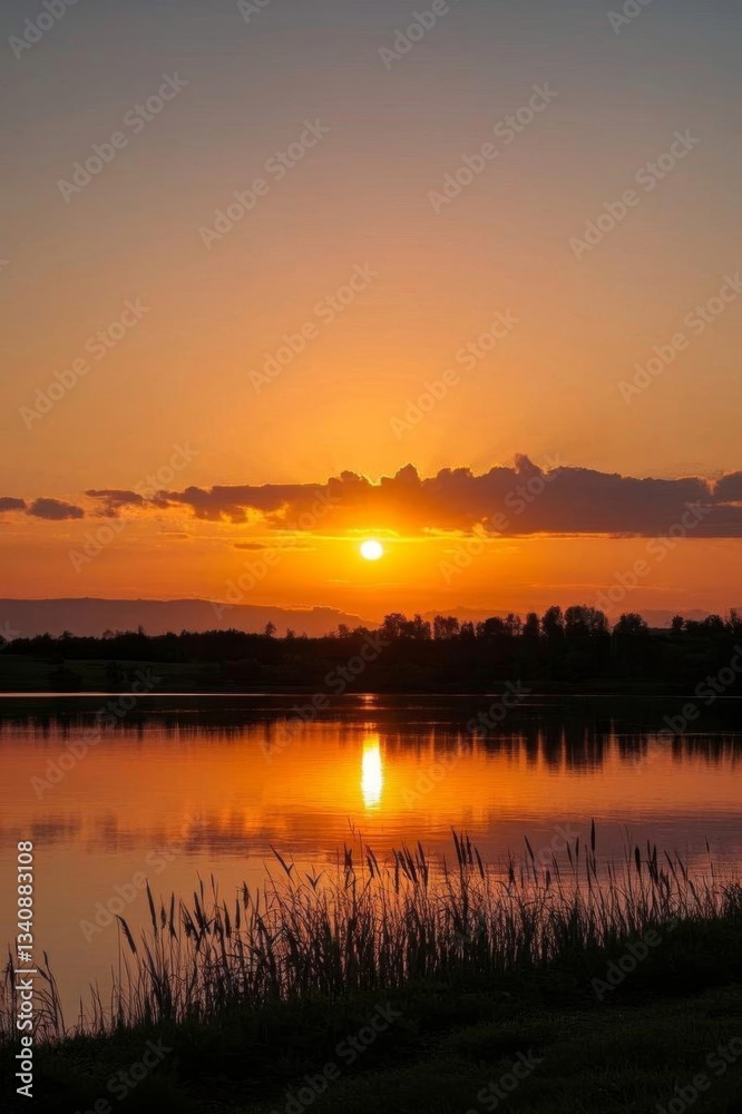 Naklejka premium araffes are standing on the shore of a lake at sunset