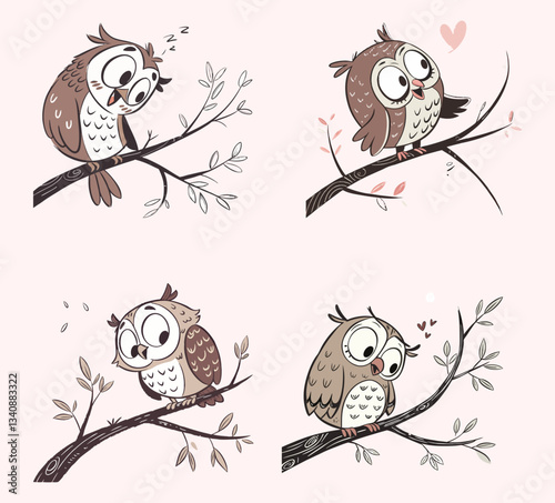 Collection of cute and playful owls on white background. Vector illustration.