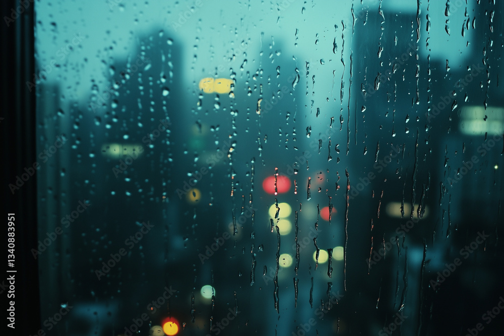 Obraz premium Rainy cityscape through a wet window with raindrops and blurred lights creating a moody urban atmosphere