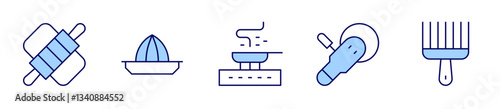 afro comb, juicer, pan, dough, polisher. Utensil Icon vector illustration. Line Duotone style. Editable stroke