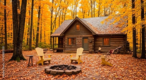 Wallpaper Mural A cozy autumn scene with a log cabin surrounded by trees with golden leaves and a fire pit in front, Ai Generated Torontodigital.ca
