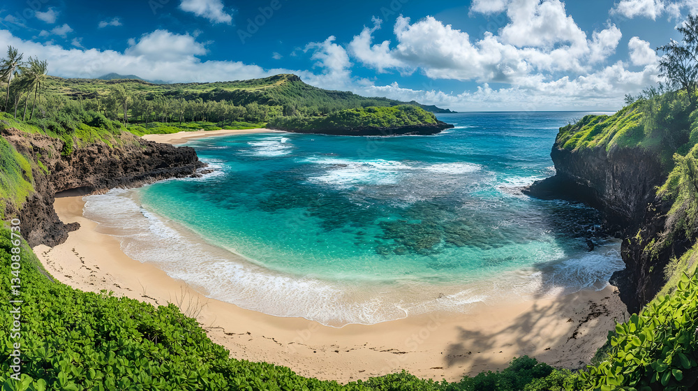 Obraz premium Secluded Tropical Beach Cove: Turquoise Waters and White Sand Paradise