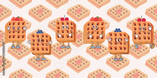 Waffle icon with various tasty fruit toppings. Vector illustration of waffles in kawaii style, breakfast pastry, sweet snack.