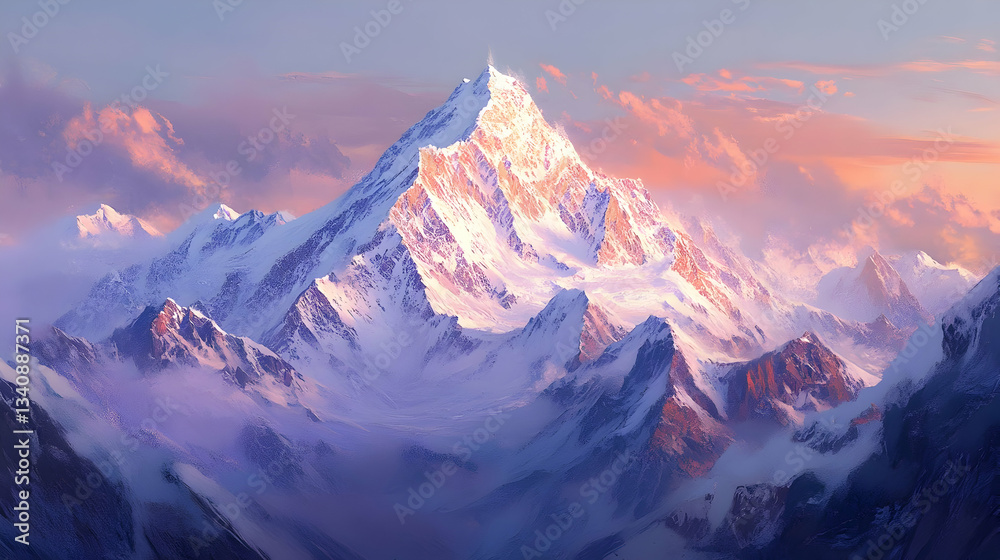 Obraz premium Majestic Snow-Covered Mountain Peak at Sunrise