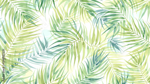 Watercolor pattern green leaves on white background