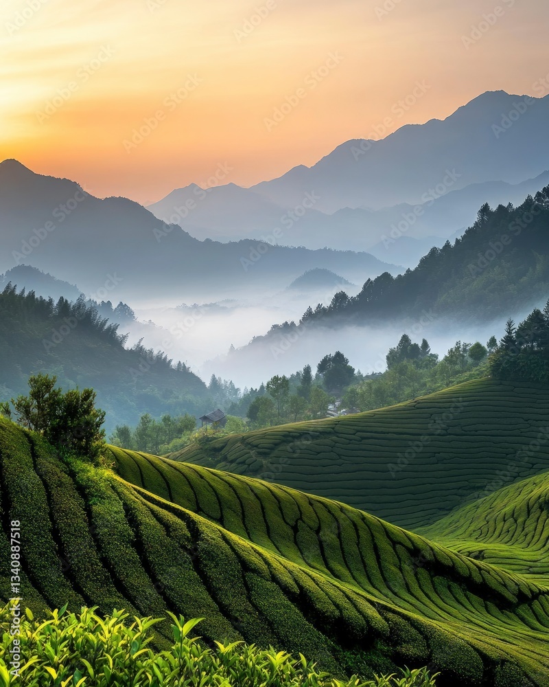 Obraz premium Tranquil Tea Plantation Landscape at Sunrise with Mist Rolling Through Hills