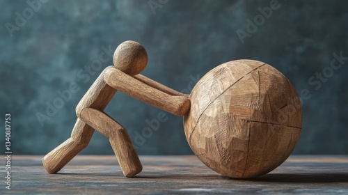 Illiteracy: The Hard and Painful Human Condition Portrayed with Wood Figure Pushing Heavy Weight in 3D Illustration