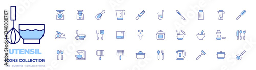 Utensil icons collection. Line Duotone style, editable stroke. pizza cutter, grill, pasta, cutting, scalpel, scale, electric kettle, grater, hood, spatula, cutlery