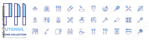 Utensil icons collection. Line Duotone style, editable stroke. peeler, squeezer, spices, mortar, knives, dish rack, scale, pasta, cooking tools, pressure cooker