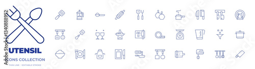 Utensil icons collection. Thin Line icons, editable stroke. tea, loofah, glass, apron, cutting board, scale, pressure cooker, mixer, rolling pin, pot, knives, pan