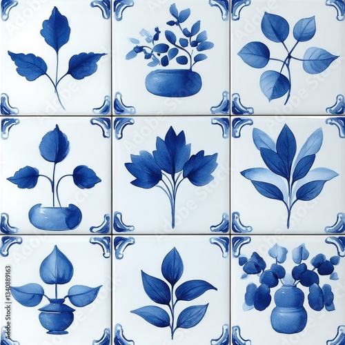 Dutch Delftware Hand-Painted Ceramic Tile Design with Geometric Patterns Floral Elements