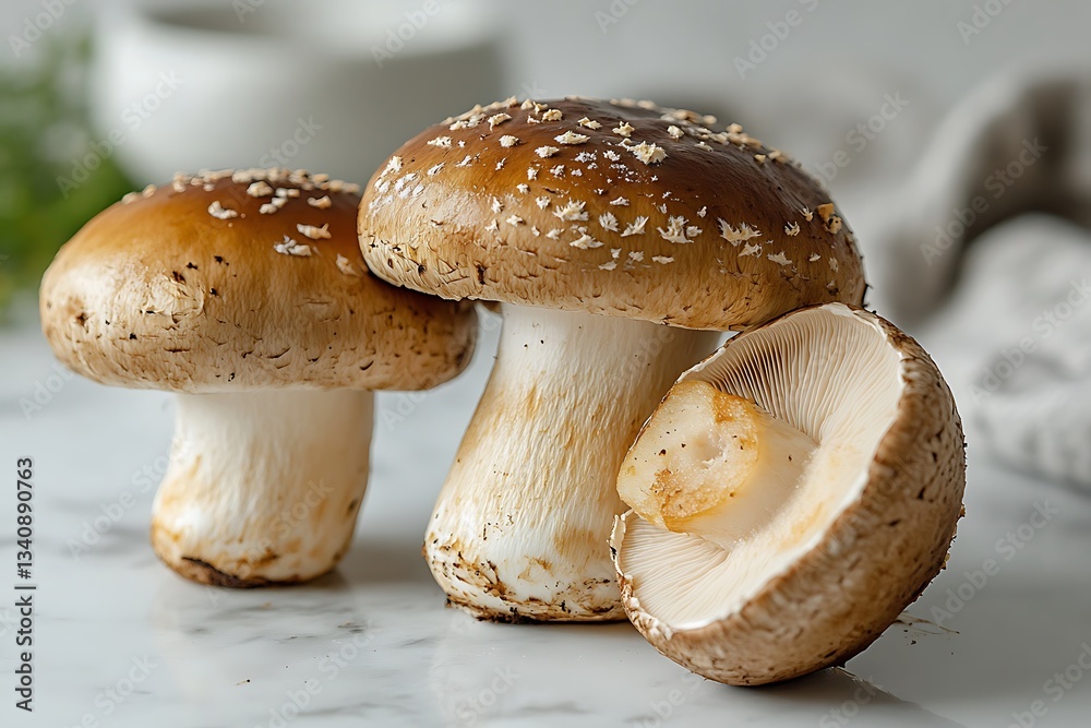 Delicious Brown Mushrooms on Marble Surface Close-up Food Photography Delicious Brown Mushrooms on Marble Surface Close-up Food Photography
