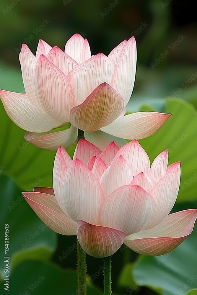 Two Pink and White Lotus Flowers Blooming in Garden Setting Two Pink and White Lotus Flowers Blooming in Garden Setting