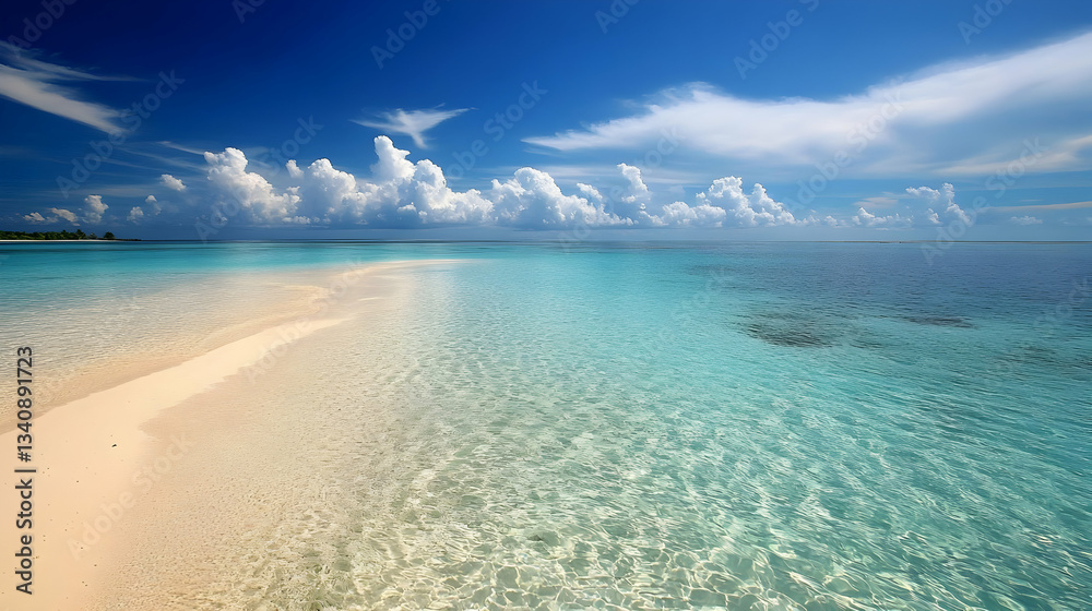 Serene Tropical Beach Landscape: Azure Waters White Sand and Fluffy Clouds Serene Tropical Beach Landscape: Azure Waters White Sand and Fluffy Clouds