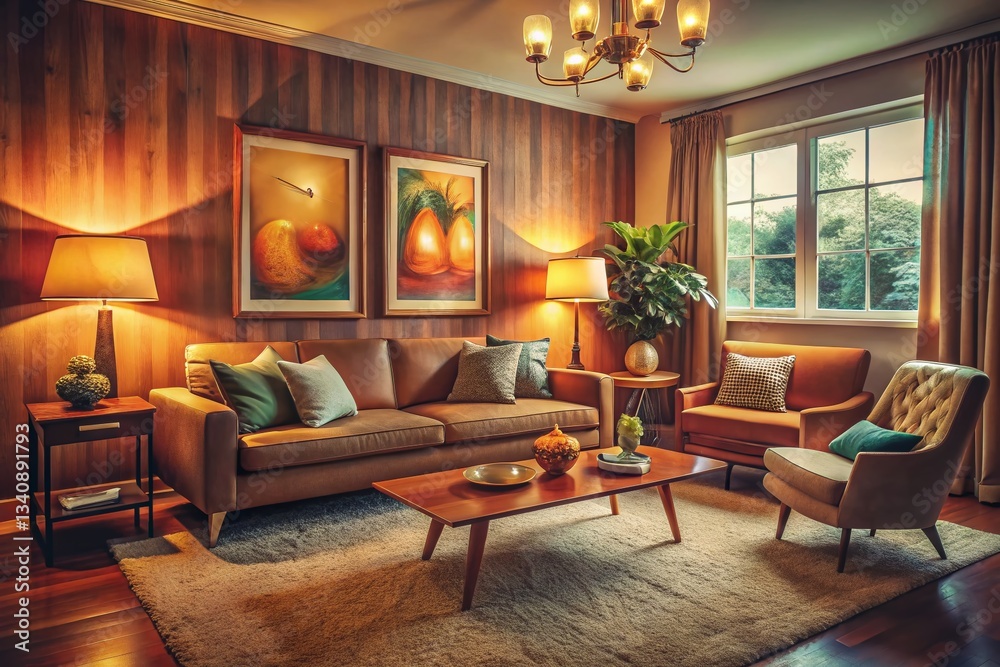 Fototapeta premium Vintage Cozy Living Room with Vibrant Abstract Wall Art - Stock Photo
