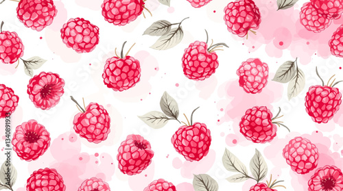 Watercolor pattern featuring raspberries white background