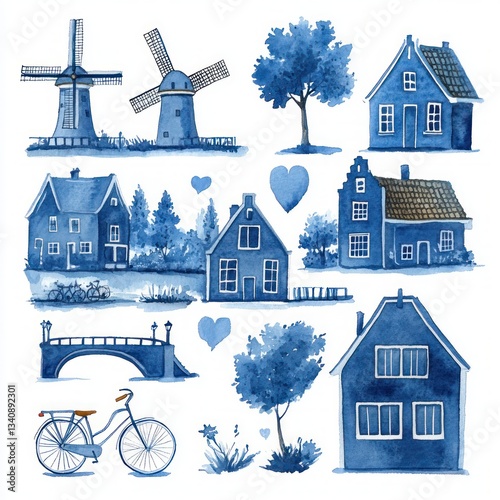 Minimalist Watercolor Illustrations of Dutch Cultural Icons Windmills Houses Bridge Bicycle