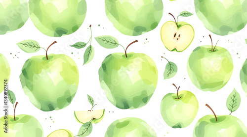 A delightful pattern featuring sliced and whole green apples rendered in watercolor style on a white background vector