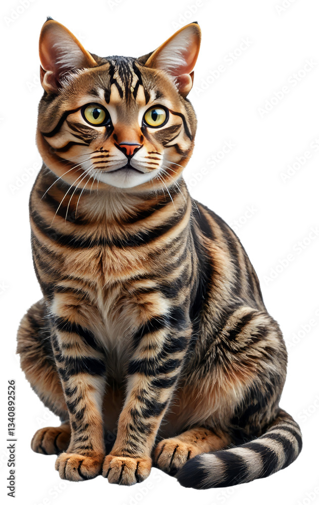 Obraz premium Sitting Bengal cat with yellow eyes and a transparent background