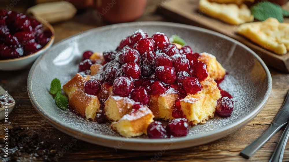 Kaiserschmarrn mit Kirschen - Traditional Bavarian Meal served with Cherry Compote Kaiserschmarrn mit Kirschen - Traditional Bavarian Meal served with Cherry Compote
