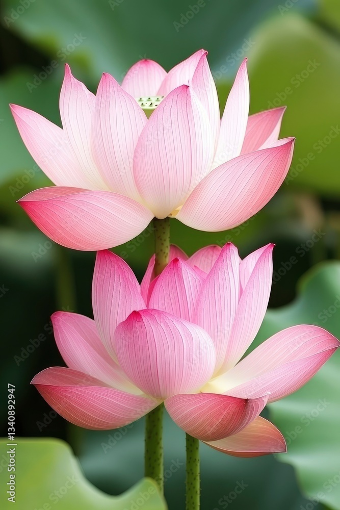 Blooming Pink Lotus Flowers Pair with Soft Light and Green Foliage Blooming Pink Lotus Flowers Pair with Soft Light and Green Foliage