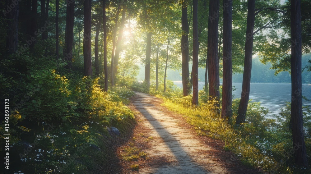 Fototapeta premium A serene forest path lined with trees, sunlight streaming through leaves, reflecting on a calm lake, creating a peaceful, natural atmosphere.