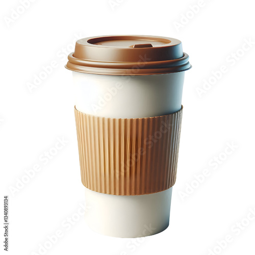 Takeaway paper coffee cup with brown sleeve isolated on white. Full Depth of field. Focus stacking