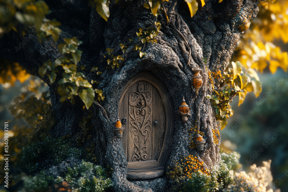 Fototapeta premium Wooden door carved into a tree trunk surrounded by autumn leaves in a forest setting