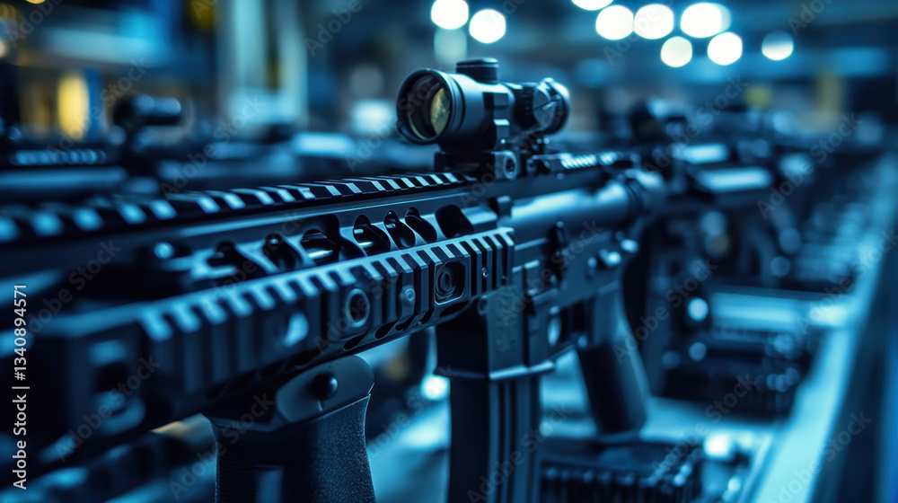 Naklejka premium Rows of firearms are showcased in a contemporary weapons showroom, emphasizing their intricate designs and high-tech components