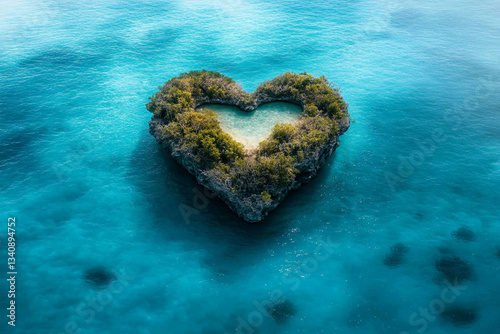 Heart-shaped island surrounded by turquoise water in a tropical setting