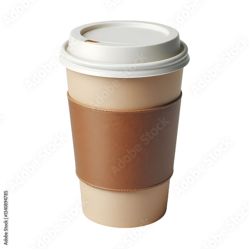 Takeaway paper coffee cup with brown sleeve isolated on white. Full Depth of field. Focus stacking