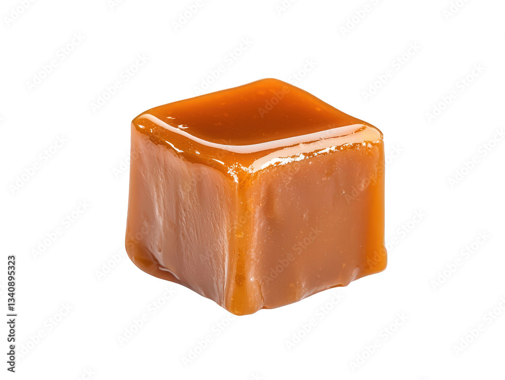 A glossy caramel cube with a smooth surface, showcasing its rich, golden-brown color and delectable texture. A glossy caramel cube with a smooth surface, showcasing its rich, golden-brown color and delectable texture.