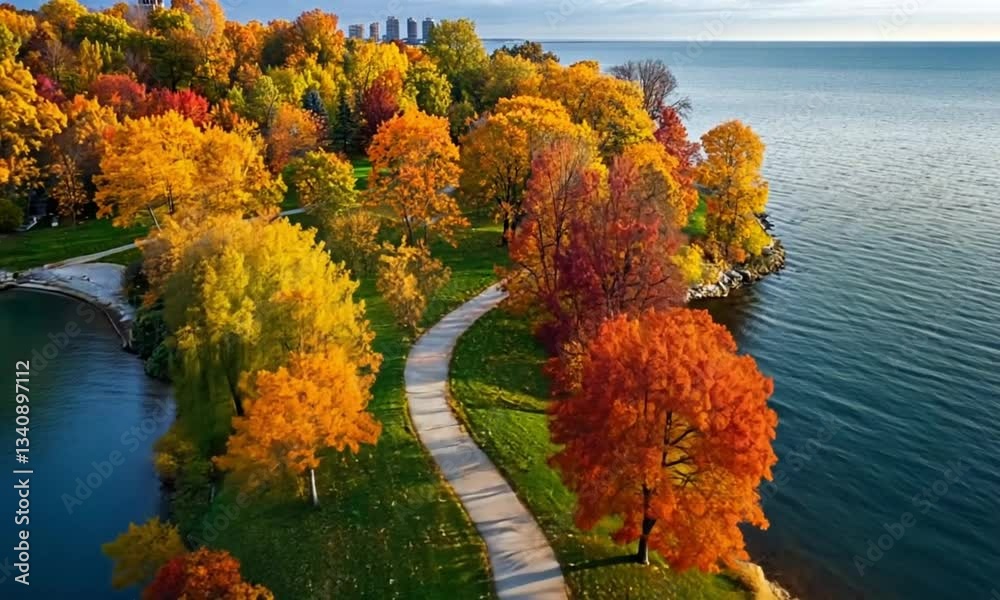 An aerial view of a colorful peninsula with a winding path during autumn season.