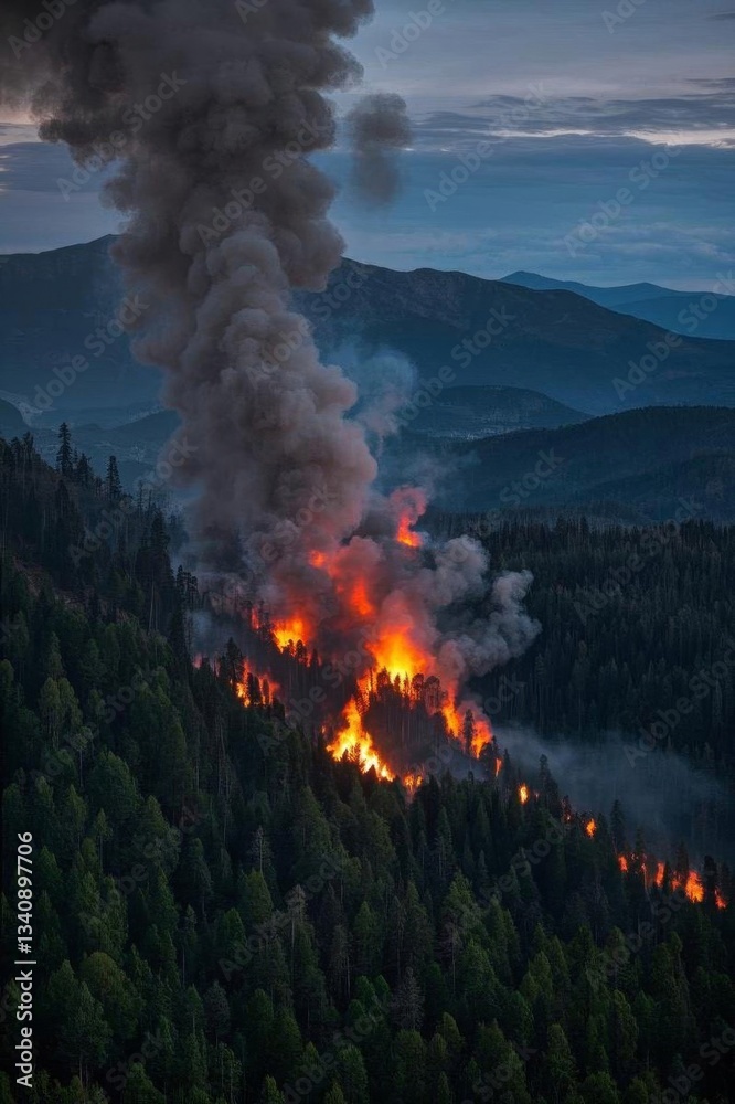 Fototapeta premium araffe burning in the middle of a forest with a mountain in the background