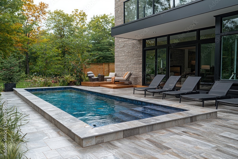 Obraz premium Modern rectangular pool in backyard of luxury home with lounge chairs.