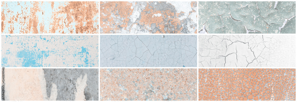 Set of panoramic background textures. Collection of wide textures with peeling paint, cracks, rust, stone and concrete walls. Faded rough surfaces of old walls. Bundle of light backgrounds for design.