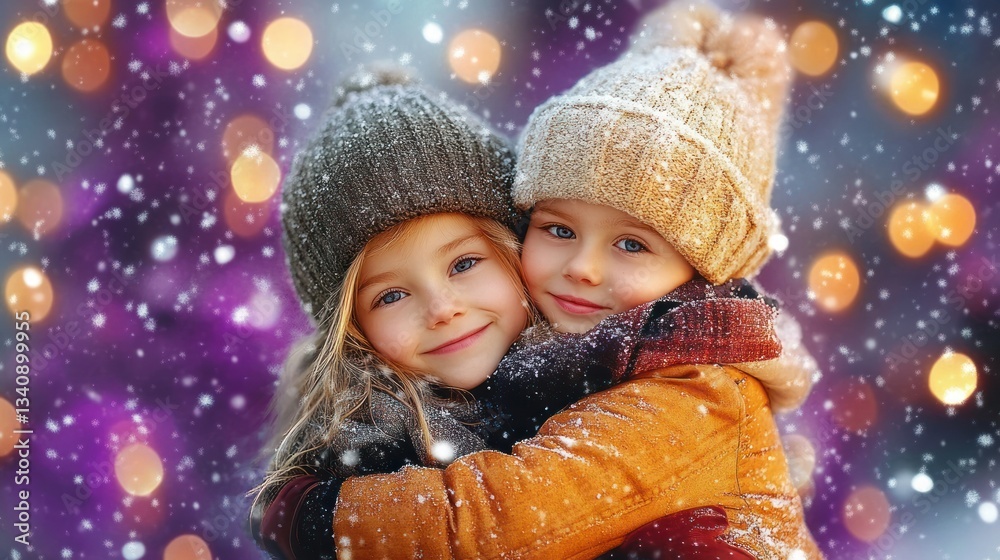 Children Embracing in a Winter Wonderland with Snowflakes and Christmas Lights Children Embracing in a Winter Wonderland with Snowflakes and Christmas Lights