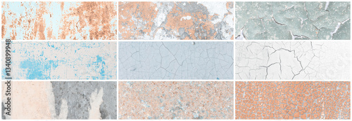 Obraz na płótnie Set of panoramic background textures. Collection of wide textures with peeling paint, cracks, rust, stone and concrete walls. Faded rough surfaces of old walls. Bundle of light backgrounds for design. w salonie