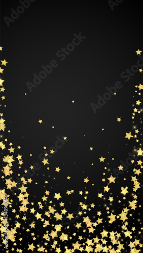 Magic stars vector overlay. Gold stars scattered around randomly, falling down, floating. Chaotic dreamy childish overlay template. Vector magic overlay on black background.