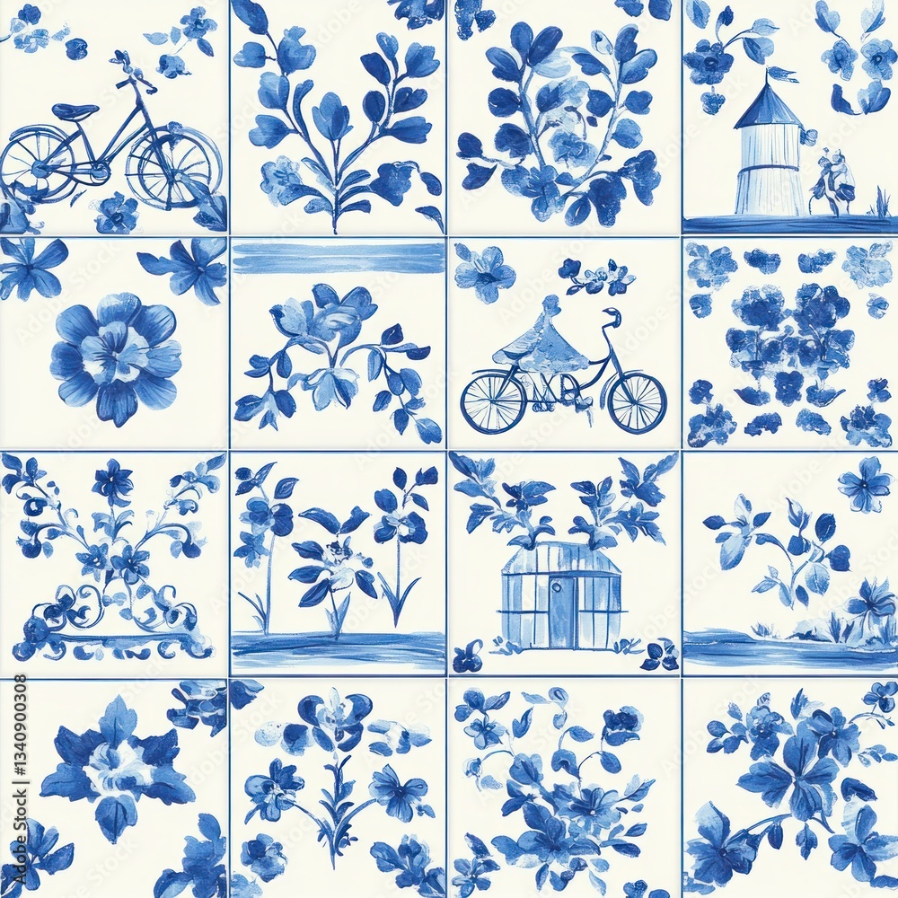 Seamless Dutch Tile Pattern with Blue and White Floral Motifs Windmills Bicycles and Decorative Frames Seamless Dutch Tile Pattern with Blue and White Floral Motifs Windmills Bicycles and Decorative Frames