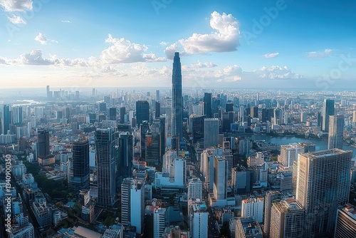 Aerial View of Modern Bangkok City Skyline Architecture with Skyscrapers and Urban Landscape